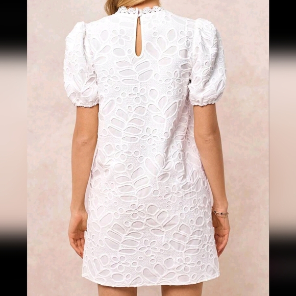 White Embroidered Fabric Stand Collar Short Sleeve A-Line Short Dress - Picture 2 of 4